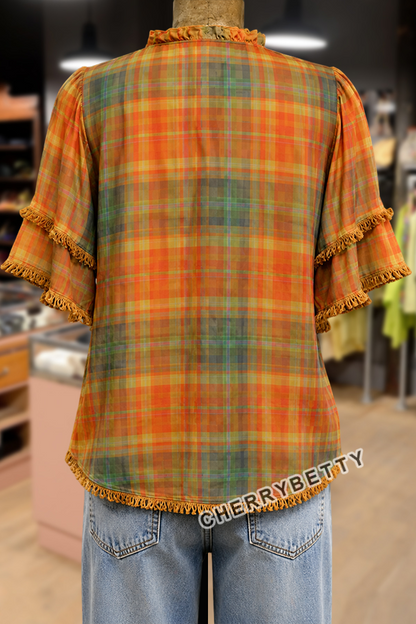 Vintage Plaid Ruffle Neck Frayed Hem Top