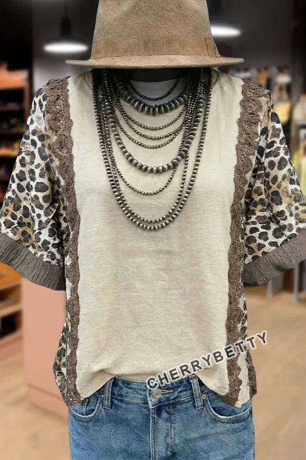 Leopard Print Lace Patch T-Shirt