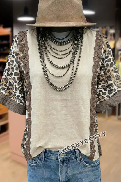 Leopard Print Lace Patch T-Shirt