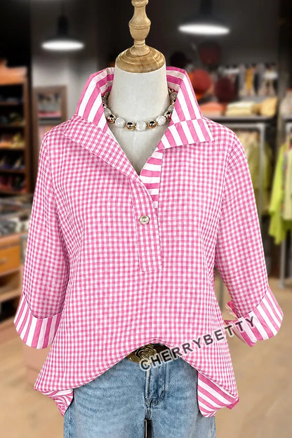 Classic Gingham Pattern Striped Collar Three Quater Sleeve Blouse