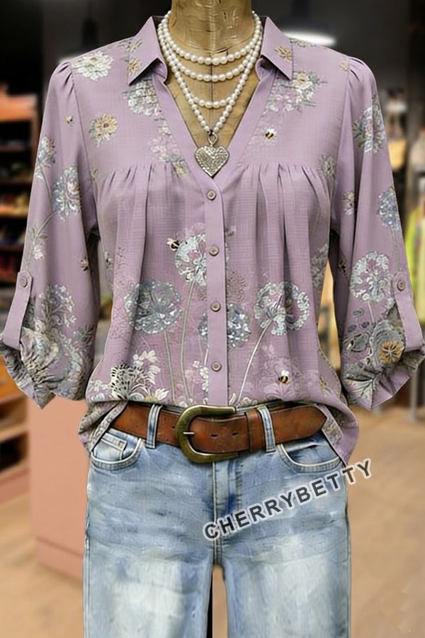 Vintage Floral Print Split Neck Three Quater Dolman Sleeves Blouse