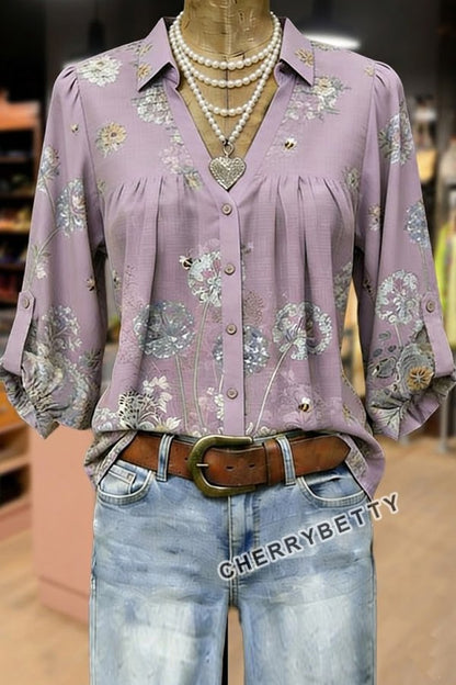 Vintage Floral Print Split Neck Three Quater Dolman Sleeves Blouse