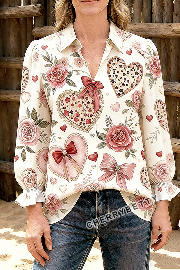 Colorful Heart Print Collared Puff Sleeve Valentine's Day Top