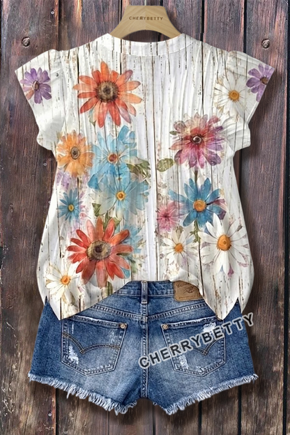 Vintage Floral Print Flutter Sleeve Top