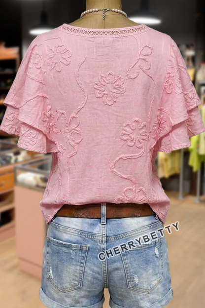 Elegant Flower Embroidered  Ruffle Sleeve Hollow Out Cotton Top
