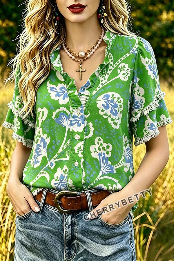 Retro Floral Print Ruffle Neck Frayed Hem Top