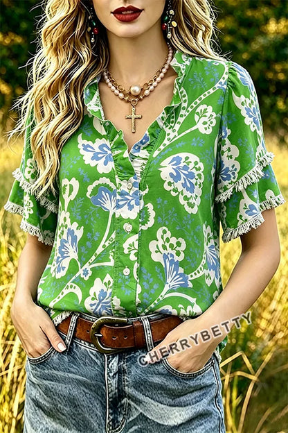 Retro Floral Print Ruffle Neck Frayed Hem Top