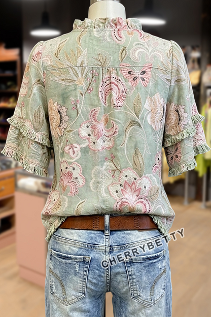 Vintage Floral Print Ruffle Neck Frayed Hem Top