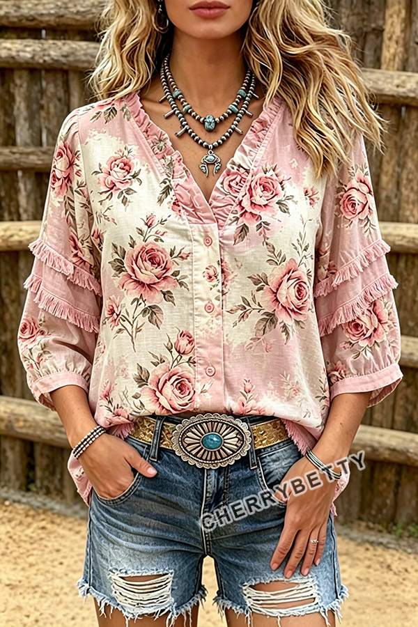 Vintage Rose Print V-Neck   Frayed Hem Top