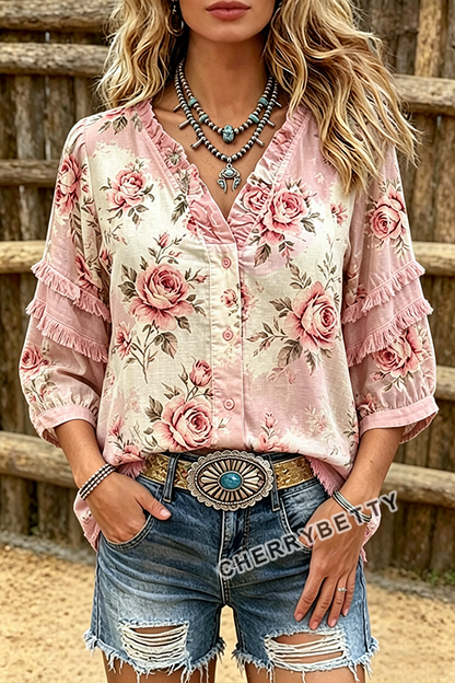 Vintage Rose Print V-Neck   Frayed Hem Top
