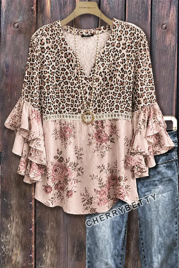 Vintage Leopard Floral Print  Ruffel Sleeve Top