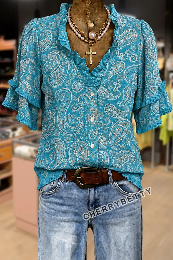 Vintage Paisley Print Ruffle Neck Frayed Hem Top