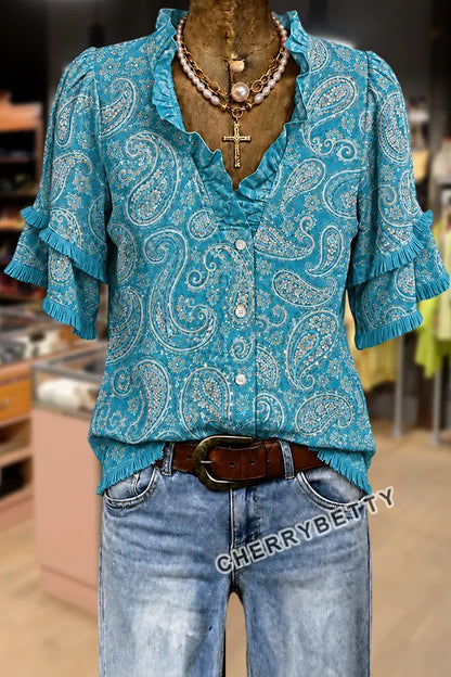 Vintage Paisley Print Ruffle Neck Frayed Hem Top
