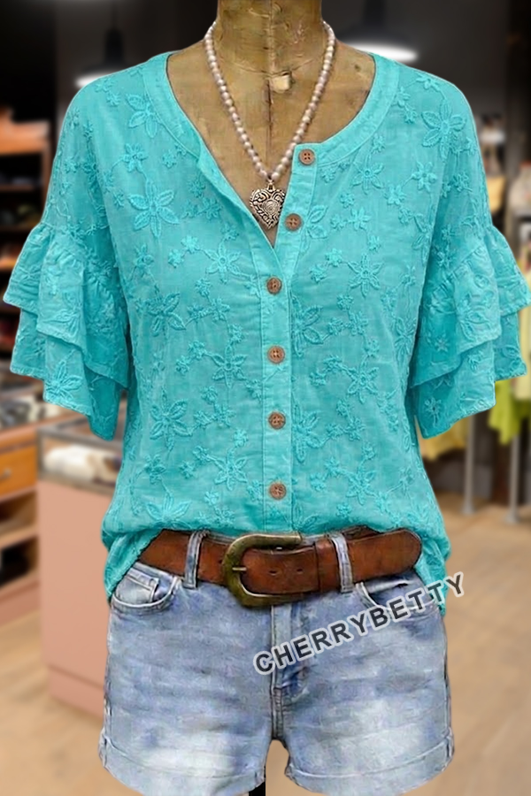 Elegant Flower Embroidered Button Up Ruffle Sleeve Top