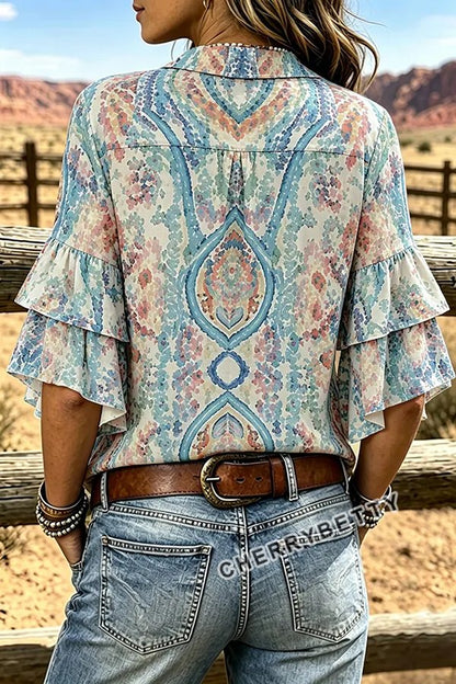 Colorful Floral Print Collared Ruffle Sleeve Top