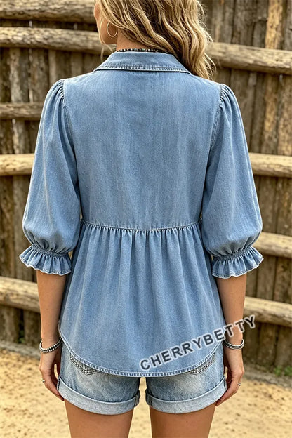 Solid Notch Neck Puff Sleeve Denim Blouse