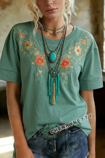 Retro Flower Embroidered Short Sleeve T-Shirt