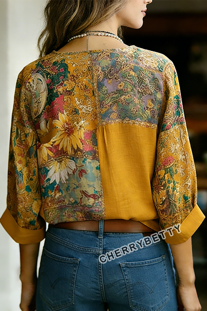 Boho Flower Print V-Neck Blouse