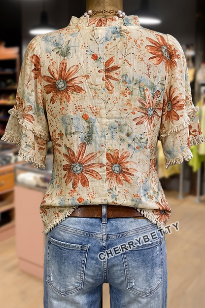 Vintage Floral Print Ruffle Neck Frayed Hem Top