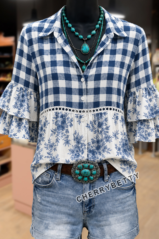 Mixed Plaid Floral Print Hollow Out Ruffle Sleeve Top
