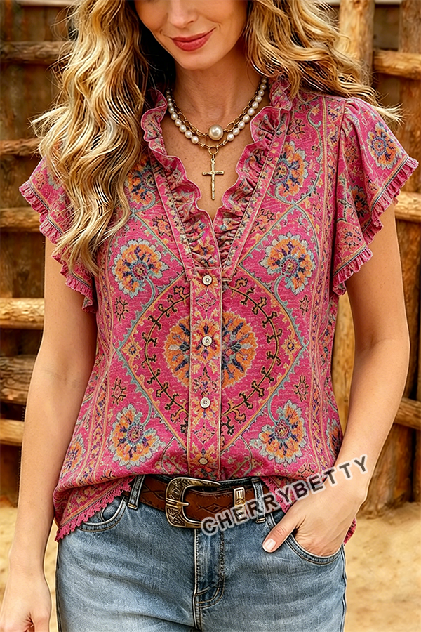 Bohemian Floral Print Ruffle Neck Fringe Hem Top