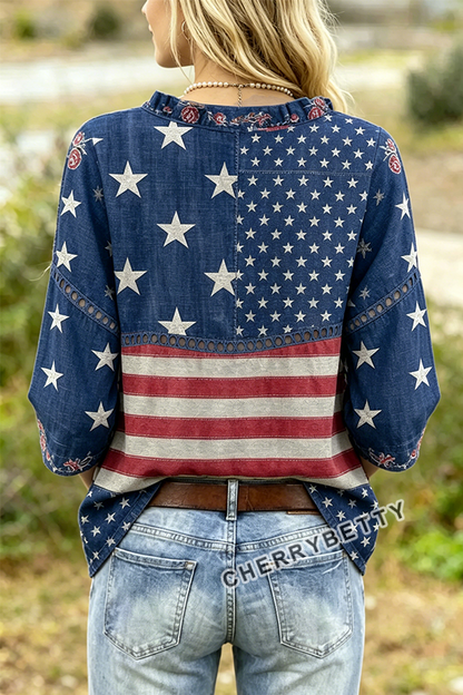 American Flag Print V-Neck Hollow Out Top