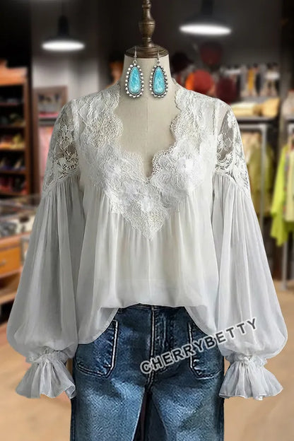Elegant Lace V-Neck Bubble Sleeve Blouse
