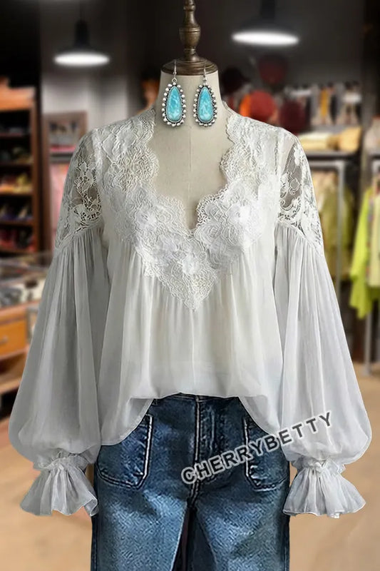 Elegant Lace V-Neck Bubble Sleeve Blouse
