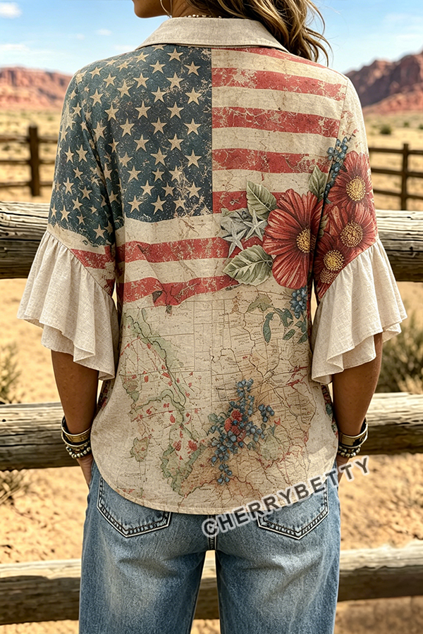 American Flag Floral Print Ruffle Sleeve Top