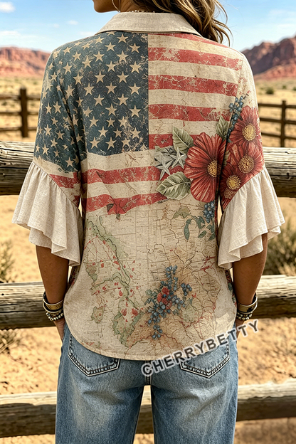 American Flag Floral Print Ruffle Sleeve Top