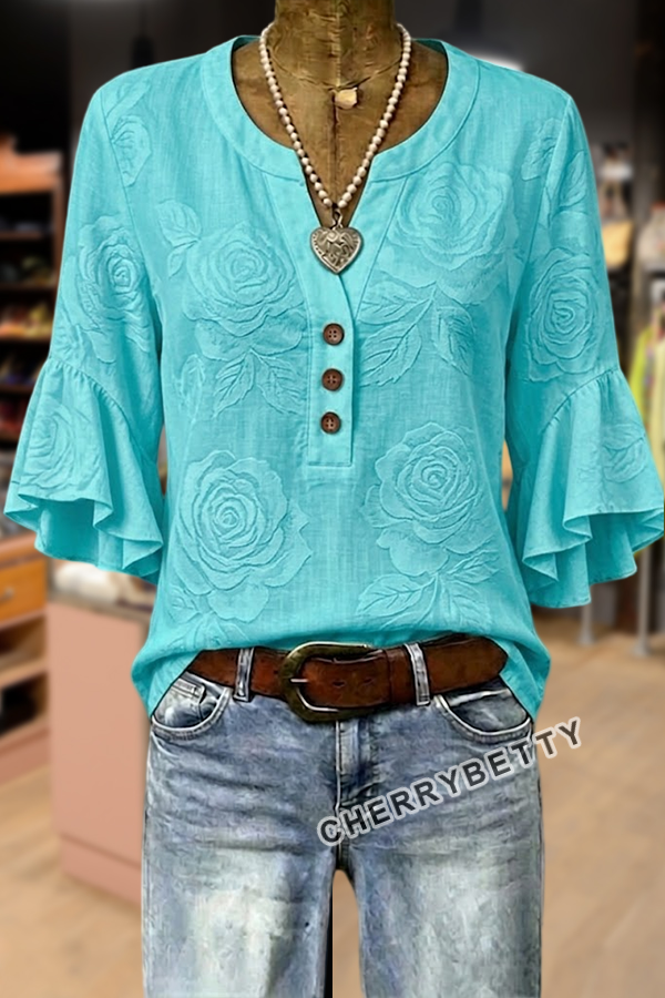 Chic Rose Textured Notch Neck Ruffle Sleeve Top
