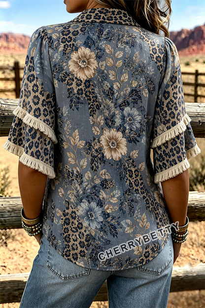 Vintage Floral Leopard Print Collared Fringe Trim Top
