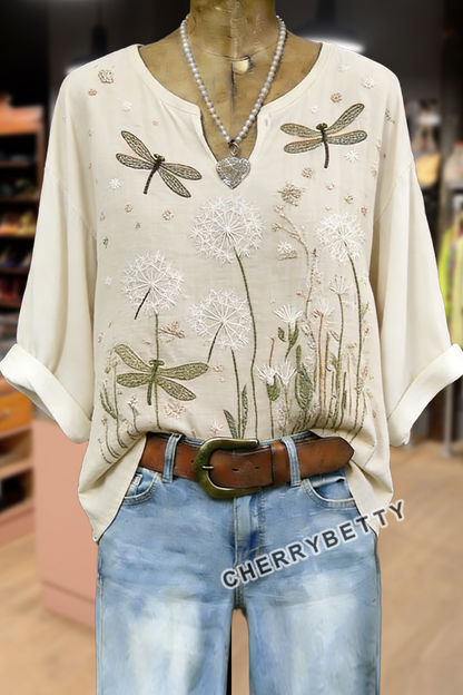 Vintage Floral Embroidered Notch Neck Half Sleeve Blouse
