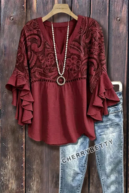 Vintage Floral Print Hollow Out Ruffle Sleeve Top