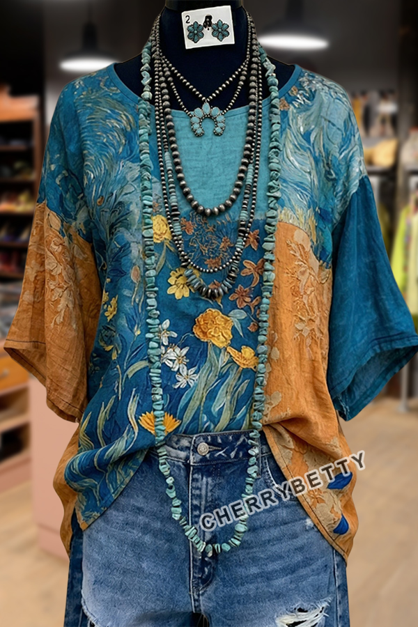 Mixed Fabric Print Dolman Sleeve Cotton Top