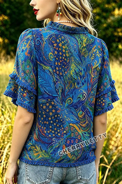 Vintage Paisley Print Collared Puff Sleeve Blouse