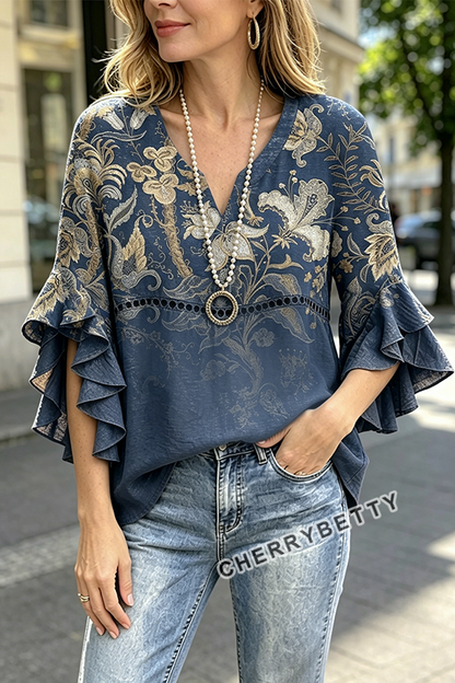 Vintage Floral Print Hollow Out Ruffle Sleeve Top