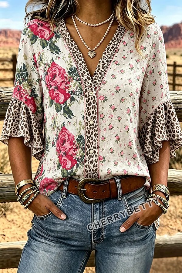 Mixed Floral Print Ruffle Neck  Ruffle Sleeve Cotton Top