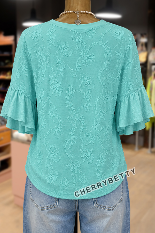 Vintage Flower Embroidered Notch Neck Ruffle Sleeve Blouse