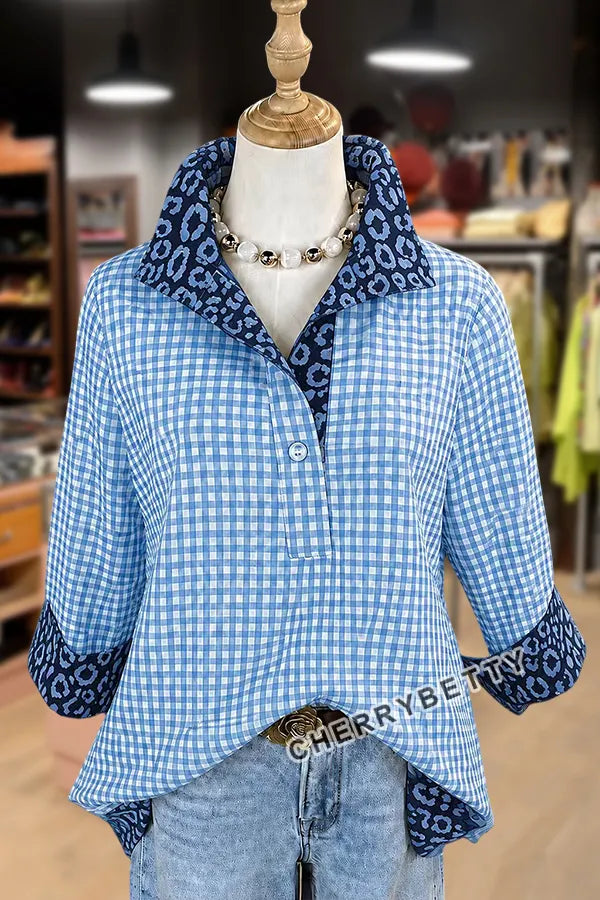 Classic Gingham Pattern Leopard  Collar Three Quater Sleeve Blouse