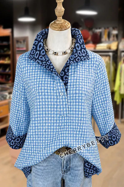 Classic Gingham Pattern Leopard  Collar Three Quater Sleeve Blouse