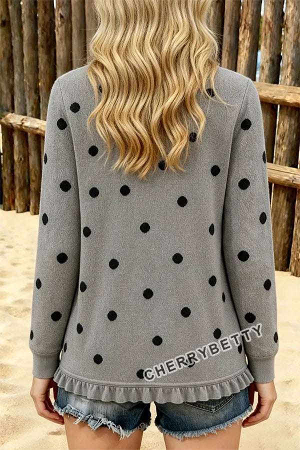 Classic Polka Dot Pattern Long Sleeve Ruffle Trim Cardigan