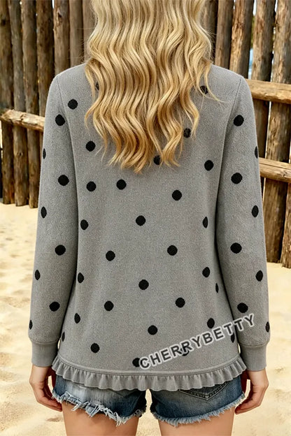 Classic Polka Dot Pattern Long Sleeve Ruffle Trim Cardigan