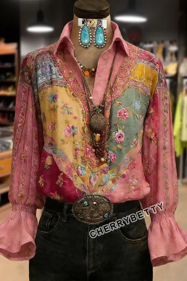 Multi Floral Print Collared Flared Cuffs Blouse