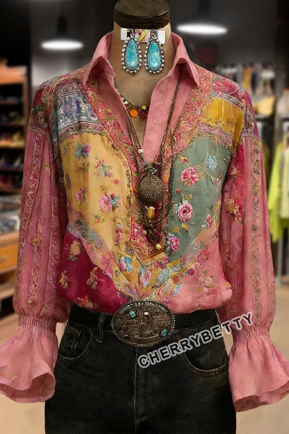 Multi Floral Print Collared Flared Cuffs Blouse