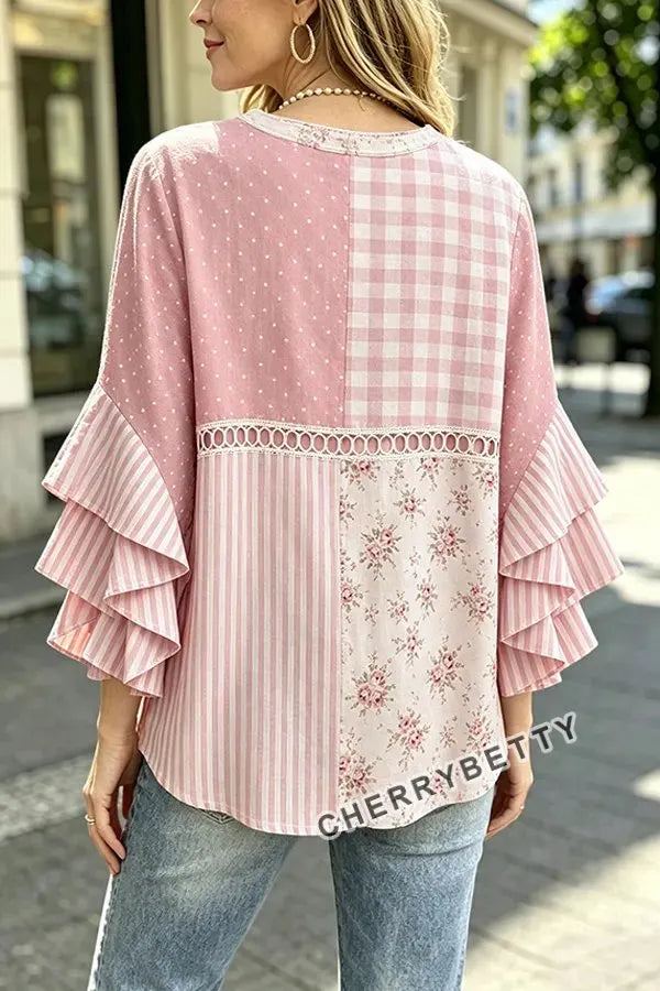 Mixed Floral Gingham Print Ruffle Sleeve Hollow Out Top