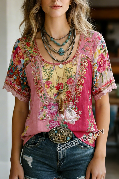 Retro Floral Embroidered Short Sleeve Cotton Top