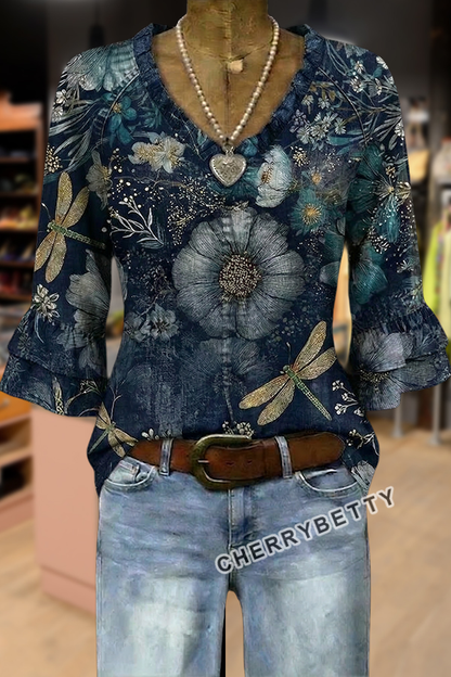 Vintage Floral Print V-Neck Ruffle Sleeve Top