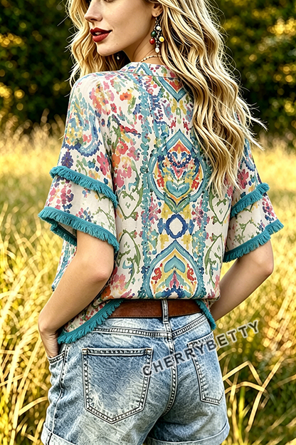 Colorful Floral Print V-Neck Frayed Hem Cotton Top