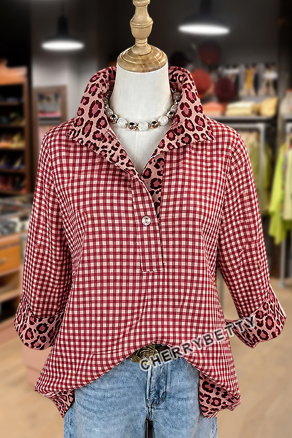 Classic Gingham Pattern Leopard  Collar Three Quater Sleeve Blouse